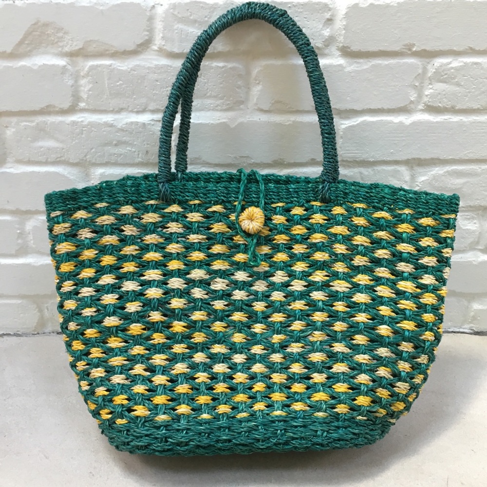 SOLD :: Vintage Green & Yellow Woven Straw Tote - Picture 1 of 6